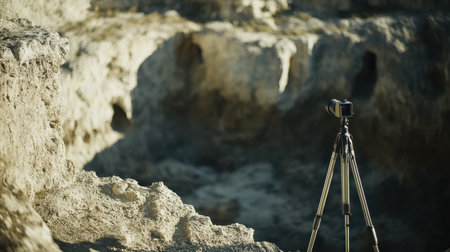 A camera stands on a tripod in an uneven terrain, ready to capture stunning outdoor scenes filled with natural textures and shadows in a peaceful environment.の素材