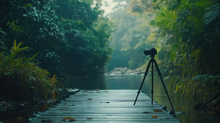 This captivating nature scene features a camera on a tripod at the edge of a serene riverbank, surrounded by lush greenery, conveying tranquility and peacefulness.の素材