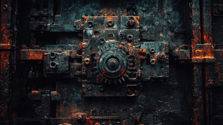 This fascinating image showcases an intricate rusty gear mechanism, highlighting the interplay of decay and industrial design in a dark, textured environment.の素材