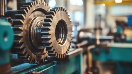 Explore the intricate details of industrial gears used in manufacturing, highlighting their role in mechanics and engineering precision within a busy workshop setting.の素材