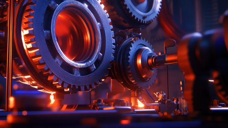 This image captures a close-up view of intricate industrial gears, showcasing glowing metal and dynamic movements, ideal for depicting modern manufacturing and engineering themes.の素材