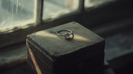 A close-up of a silver ring resting on a wooden box near a sunlit window. The natural light highlights the ring's design and intricate details, creating an inviting atmosphere.の素材