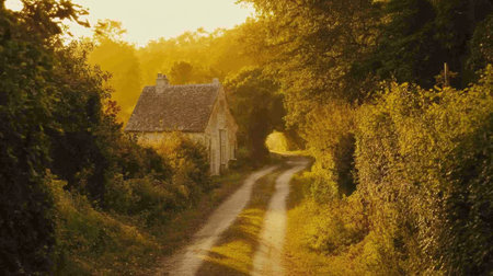 A picturesque country pathway enveloped in golden light during sunset leads to a rustic cottage, surrounded by vibrant greenery, creating a serene outdoor retreat.の素材