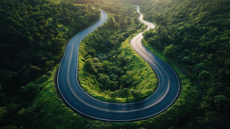 A stunning aerial view of a winding road nestled among vibrant greenery, illuminated by the soft golden light of sunrise, inviting exploration and adventure.の素材