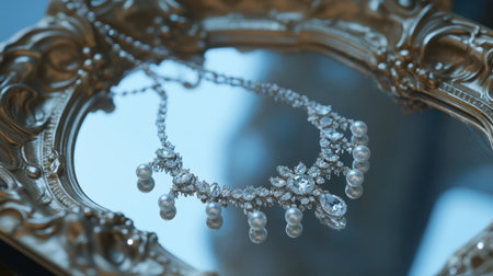 A stunning vintage necklace featuring intricate designs with pearls and diamonds is presented on a decorative mirror, highlighting its timeless elegance and beauty.の素材