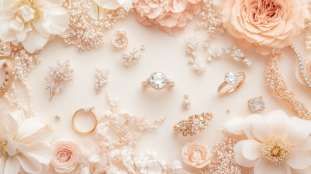 A captivating display of elegant wedding jewelry and soft flowers, perfect for bridal inspiration. Discover the beauty and charm of romantic accessories in this stunning arrangement.の素材