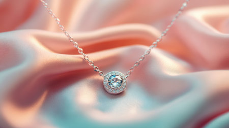 A stunning silver necklace featuring a sparkling diamond pendant, beautifully draped on soft pink satin. This image captures elegance and luxury for jewelry enthusiasts.の素材