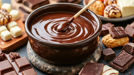 A rich bowl of melted chocolate, ideal for baking or drizzling over treats. Surrounded by a variety of chocolates, this scene captures indulgence and culinary delight.の素材