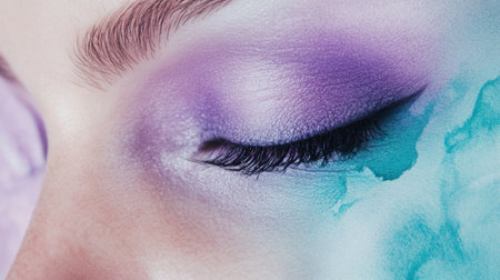 A stunning close-up photograph showcasing a woman's eye adorned with artistic purple and aqua makeup. The image captures elegant details of the eyelashes and skin texture.の素材