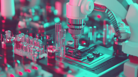 An advanced robotic arm is methodically placing components on a circuit board, surrounded by vibrant neon lights, showcasing the cutting-edge of electronic manufacturing technology.の素材