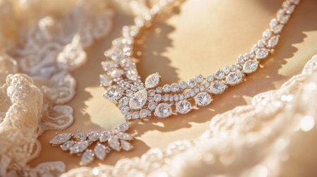 Stunning close-up of a diamond necklace resting on delicate lace, perfect for emphasizing luxury and elegance in bridal or fashion-themed photography projects.の素材