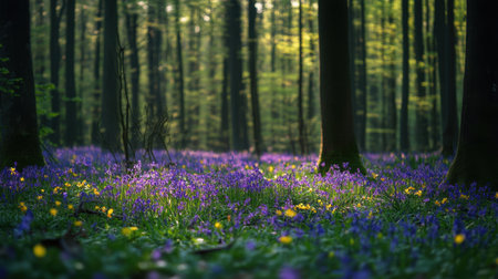 A picturesque scene of a serene forest floor adorned with a vibrant array of wildflowers and bluebells, bathed in soft morning light, creating a tranquil atmosphere.の素材