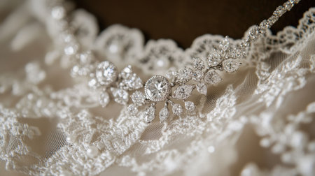 This stunning close-up captures the intricate details of lace fabric embellished with diamonds, highlighting the artistry and sophistication perfect for bridal wear.の素材