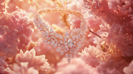 Discover a stunning diamond necklace elegantly displayed amidst soft pink blossoms, creating a romantic and dreamy atmosphere perfect for luxury fashion and jewelry enthusiasts.の素材