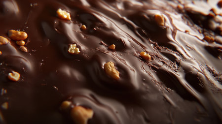 This stunning close-up captures a glossy chocolate surface adorned with crunchy nut bits, showcasing the rich textures and flavors perfect for indulgent desserts.の素材