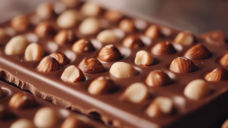 This high-quality image captures a chocolate bar featuring whole nuts, showcasing the rich texture and inviting appearance perfect for dessert enthusiasts.の素材