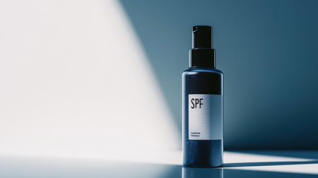 A sleek black sunscreen bottle labeled with SPF stands elegantly in bright light, embodying modern skincare's focus on protection and wellness in stylish simplicity.の素材