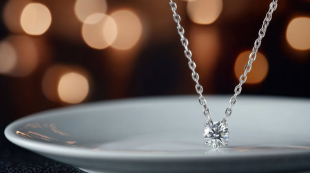 A stunning diamond necklace drapes elegantly on a reflective plate, enhanced by soft bokeh lights that create a dreamy and luxurious ambiance perfect for jewelry lovers.の素材