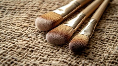 A detailed image showcasing makeup brushes resting on a textured rustic fabric, ideal for beauty and cosmetics themes in marketing materials or websites.の素材