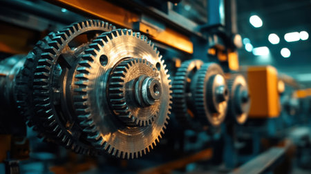 This image showcases a close-up view of industrial gears within a factory environment, highlighting the intricate details of mechanical components and engineering excellence.の素材