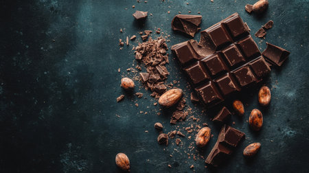 A captivating arrangement of dark chocolate blocks surrounded by cocoa beans and broken chocolate pieces, perfect for food photography and culinary inspirations.の素材