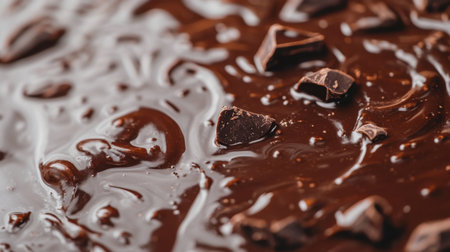 Explore the allure of silky melted chocolate, featuring rich textures and chunks, ideal for dessert-themed projects and culinary delights. Perfect for food photography.の素材