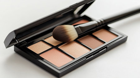 This image features a professional makeup palette with a soft brush, showcasing natural shades perfect for artistry and daily application on a clean white surface.の素材