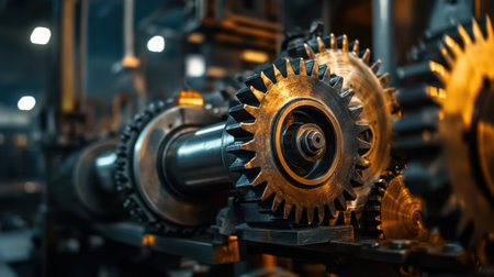 Close-up of industrial gears and machinery showcasing intricate designs and textures in a factory setting, emphasizing modern engineering and mechanical precision.の素材