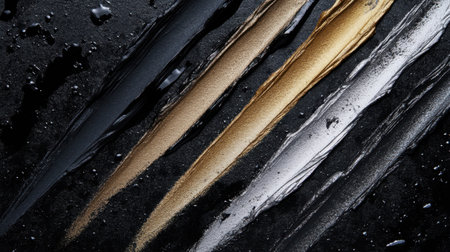 This image features an abstract arrangement of oil paint strokes in gold, black, and silver against a dark surface, enhanced by water droplets for artistic visuals.の素材