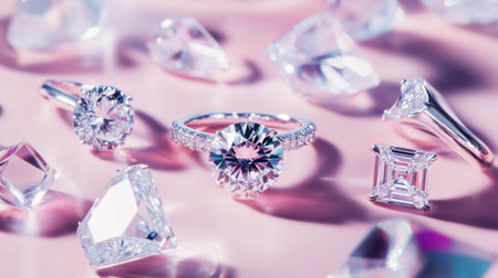A captivating arrangement of sparkling diamonds and a radiant engagement ring against a soft pink background, perfect for jewelry enthusiasts and romantic occasions.の素材