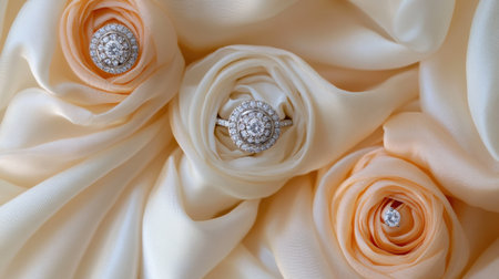 Discover an exquisite arrangement of elegant diamond rings displayed on soft satin fabric and delicate rose petals, capturing the essence of luxury and romance.の素材