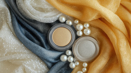 This artistic arrangement features cosmetic products elegantly placed on soft, shimmering fabrics in vibrant colors, accentuated by decorative pearls, enhancing beauty themes.の素材