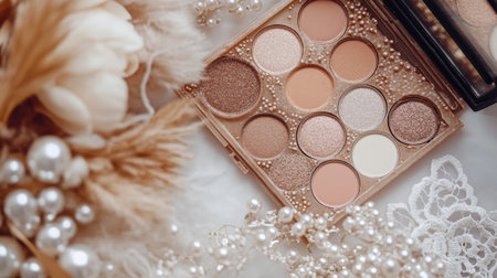 A stunning makeup palette featuring a variety of colors, elegantly arranged with pearls, flowers, and lace, perfect for beauty-themed photography and artistic expressions.の素材