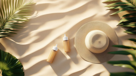 An inviting summer scene showcasing a sun hat and sunscreen bottles on soft sand, surrounded by tropical palm leaves, perfect for vacation vibes and relaxation.の素材