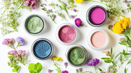 A stunning flatlay featuring vibrant cosmetic powders in various colors complemented by a variety of flowers. Perfect for beauty branding or creative projects.の素材