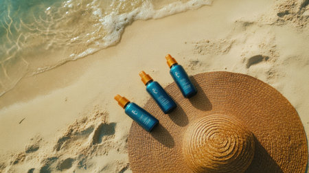 A serene beach scene featuring sun care products beside a straw hat, inviting relaxation and enjoyment under the sunlight, perfect for summer adventures.の素材