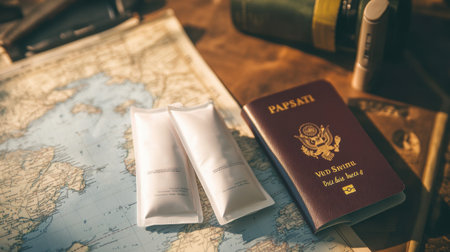 A travel-themed flat lay featuring a passport, skincare products, and a detailed map inspiring adventures and highlighting the importance of self-care during journeys.の素材
