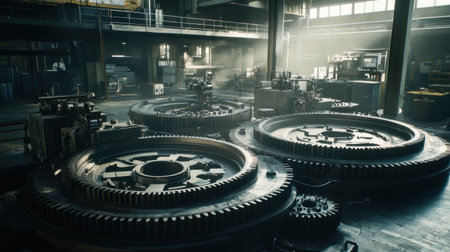 A vibrant industrial workshop scene featuring large gears and machinery, illuminated by natural light. This image captures the essence of mechanical engineering and manufacturing.の素材