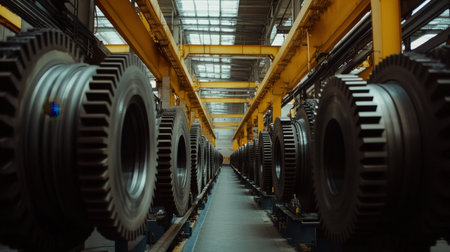 A spacious industrial facility showcases a production line with large gears. The environment is bright, demonstrating modern manufacturing practices and efficient workflows.の素材