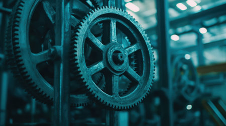 A detailed close-up image showcasing large industrial gears in a factory environment, reflecting the complexity and beauty of machinery in manufacturing processes.の素材