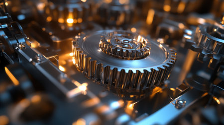 A close-up image capturing the intricate details of metal gears illuminated by warm ambient light, showcasing the beauty of mechanical design and engineering precision.の素材