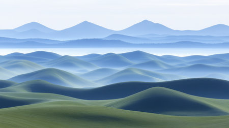 This captivating landscape showcases the gentle curves of rolling hills in vivid green tones, contrasted by the soft, misty blue mountains in the distance.の素材