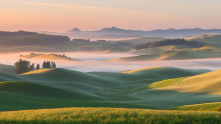 A breathtaking view of rolling green hills blanketed in mist at dawn, capturing the tranquility and beauty of nature's serene landscapes in the countryside.の素材