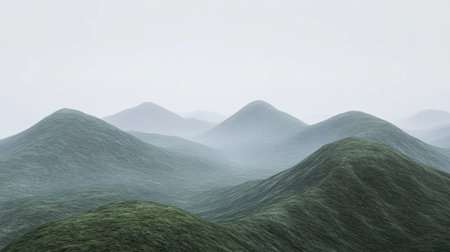 Explore a serene misty landscape with rolling green hills under a soft pastel sky, perfect for evoking tranquility and natural beauty in outdoor themes.の素材