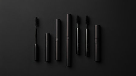 Discover a minimalist arrangement of various black makeup tools on a sleek surface, ideal for showcasing beauty products and enhancing artistic visuals.の素材