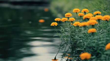 A stunning scene featuring bright yellow marigold flowers lining the edge of a calm water body, reflecting nature's beauty in a serene and tranquil setting.の素材