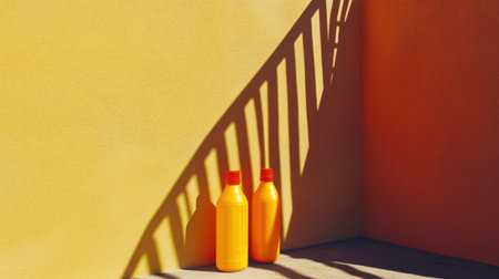 A striking composition featuring two yellow bottles casting shadows on a bright orange wall, showcasing a contemporary minimalistic aesthetic perfect for modern decor themes.の素材
