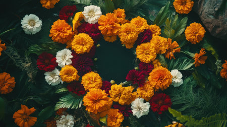A vivid display of marigolds in warm hues surrounded by lush green leaves, perfect for celebrations, decorations, or nature-themed projects.の素材