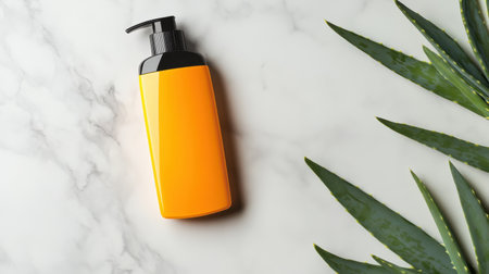 A vibrant orange pump bottle placed on a sleek marble surface, accompanied by fresh aloe vera leaves, perfect for skin care and beauty product showcases.の素材