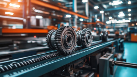 A close-up view of industrial gears on a conveyor belt in a bustling manufacturing facility, illustrating efficient workflow and advanced technology in a modern production environment.の素材